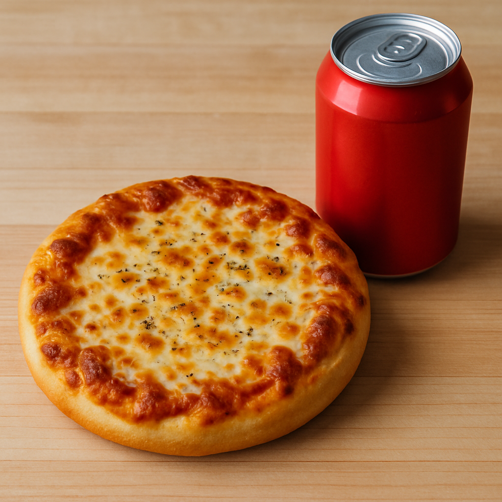 mini cheese pizza with soda can
